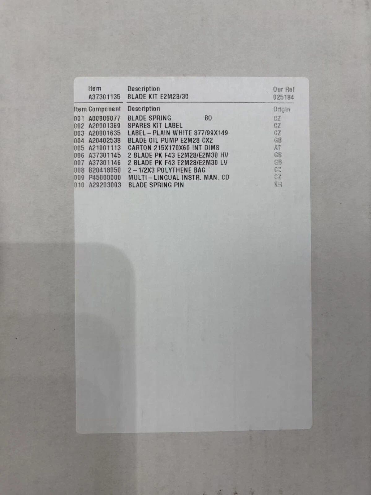 Part List A37301135 Blade Kit
